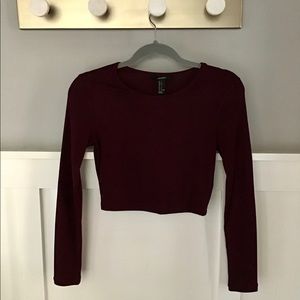 Maroon, Long Sleeved, Ribbed Crop Top